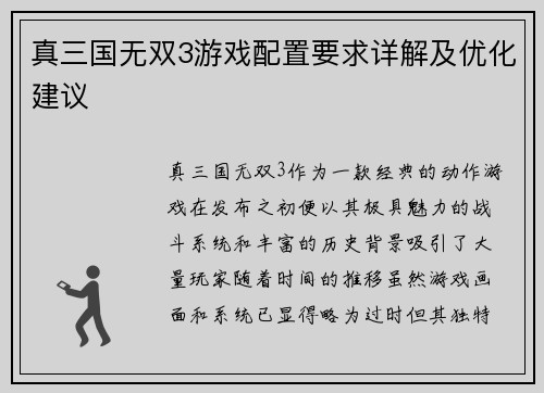 真三国无双3游戏配置要求详解及优化建议
